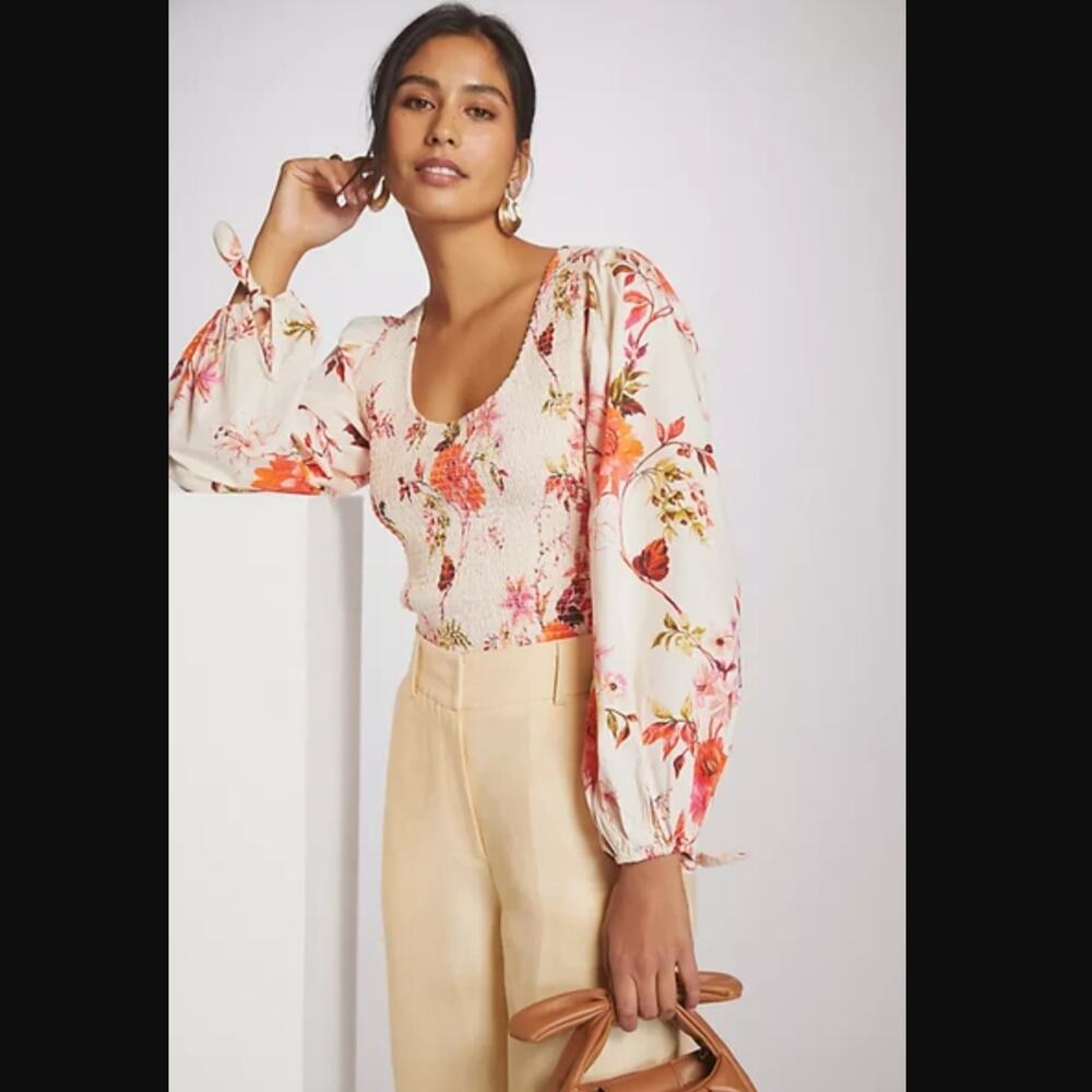 Anthropologie Smocked Floral Peplum Blouse Top - New Large
